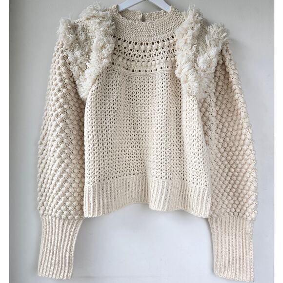 Sea New York Darcy Fringe Merino Wool Chunky Knit Ivory Sweater Womens Size XL - Picture 2 of 13